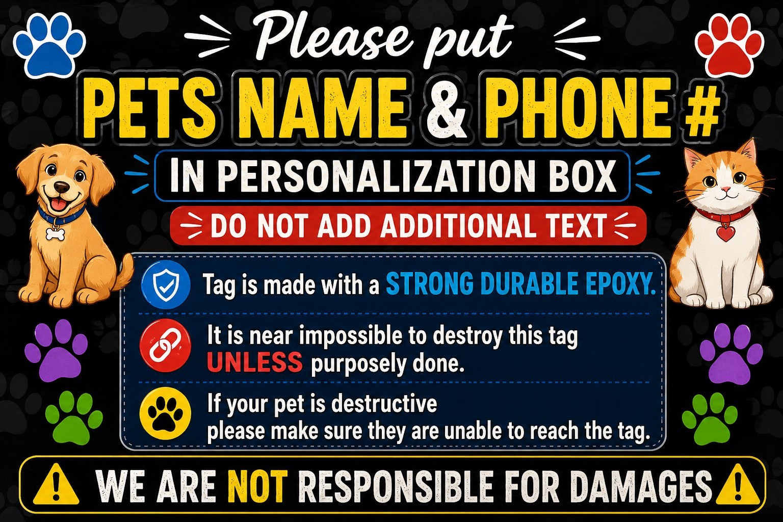 Personalized Resin Bone Dog Tag ID Customized w/ Name, Phone UV GLOW IN THE DARK