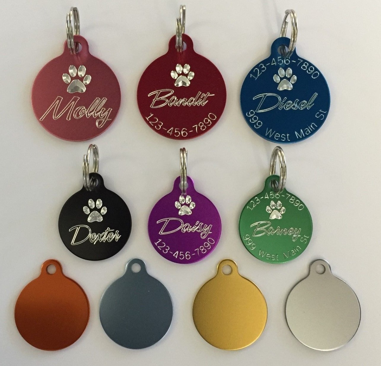 Custom Engraved Circle Paw Print Pet Tag Dog Cat ID Name Animal – 10 COLORS