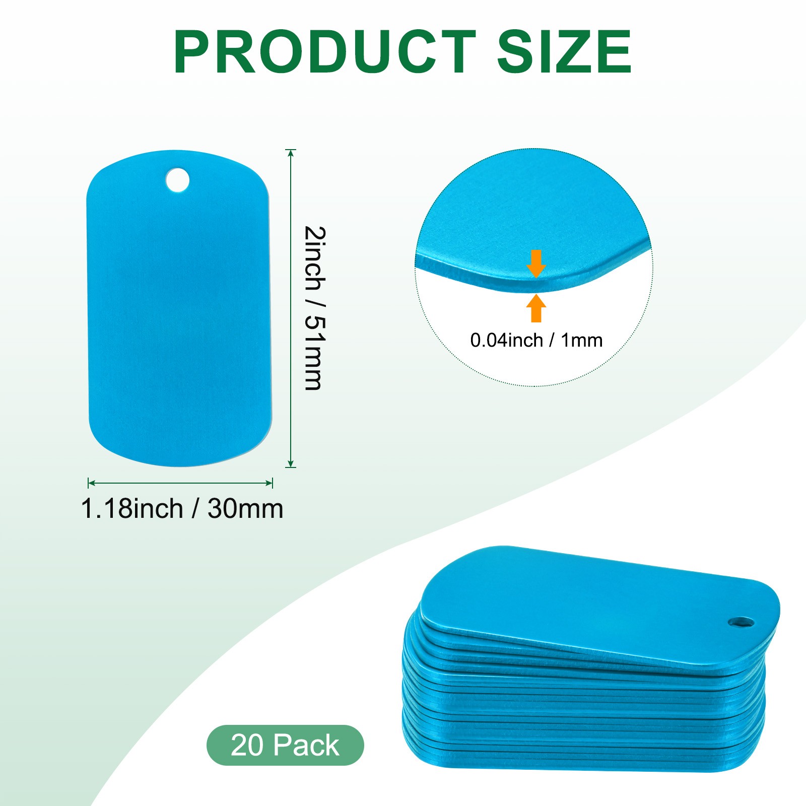 20-Pack 2″ x 1.18″ x 0.04″( L x W x T ) Blank Dog Tags [Lake Blue, 1 Hole]