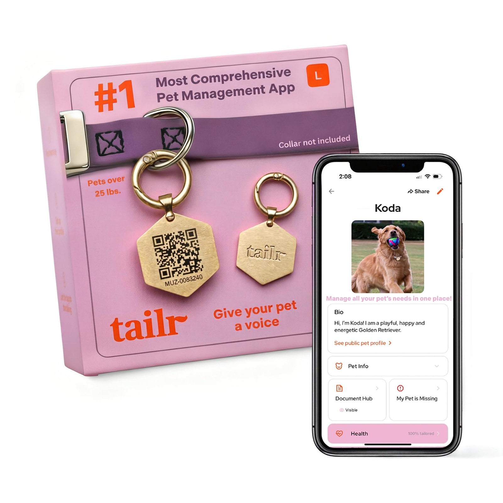 Hanging QR Code Smart Pet ID Tag Large Gold Dog Cat Tag Custom Profile App