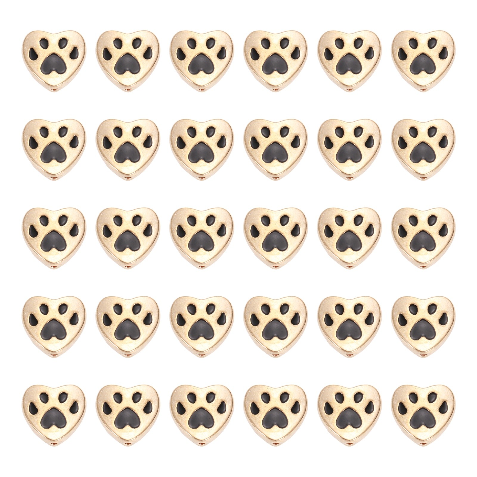 Paw Print Heart Beads, Enamel Alloy Dog Cat Paw Charms Pendant, 50Pcs(Black)