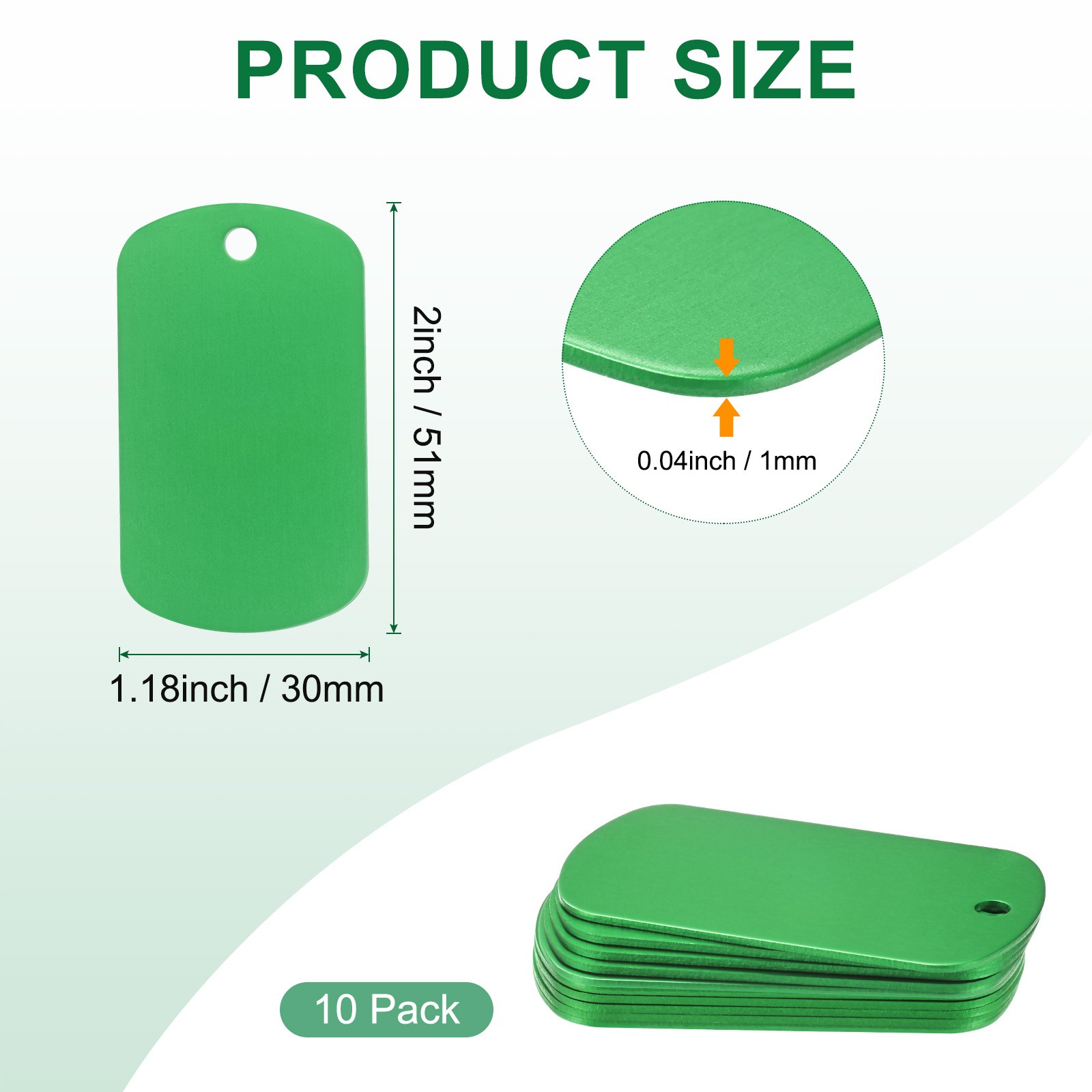 10-Pack 2″ x 1.18″ x 0.04″( L x W x T ) Blank Dog Tags [Green, 1 Hole]