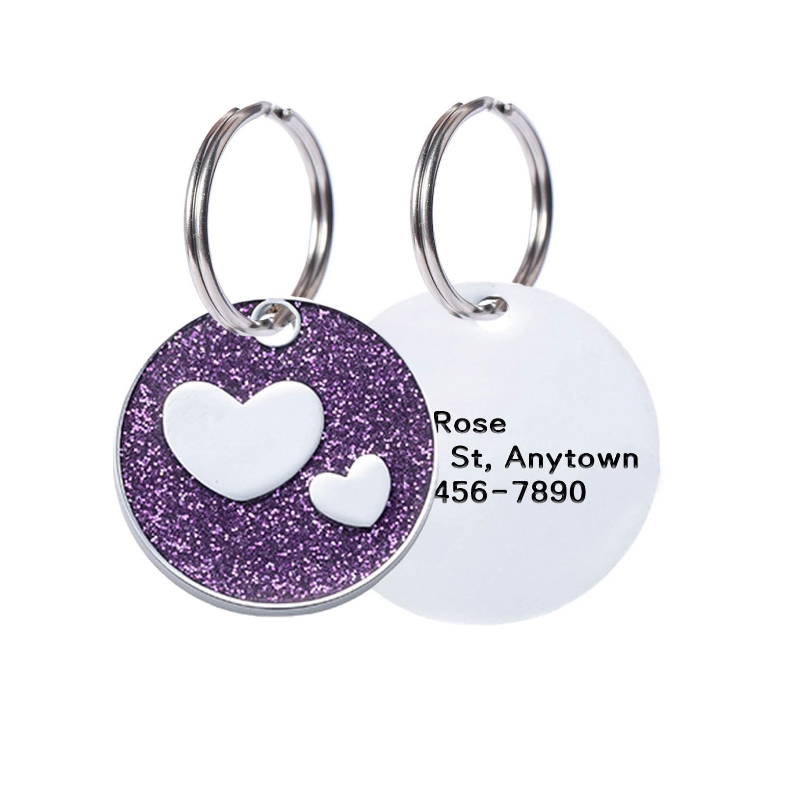 Round Heart Glitter Custom Pet ID Tags Engraved with Name & Phone