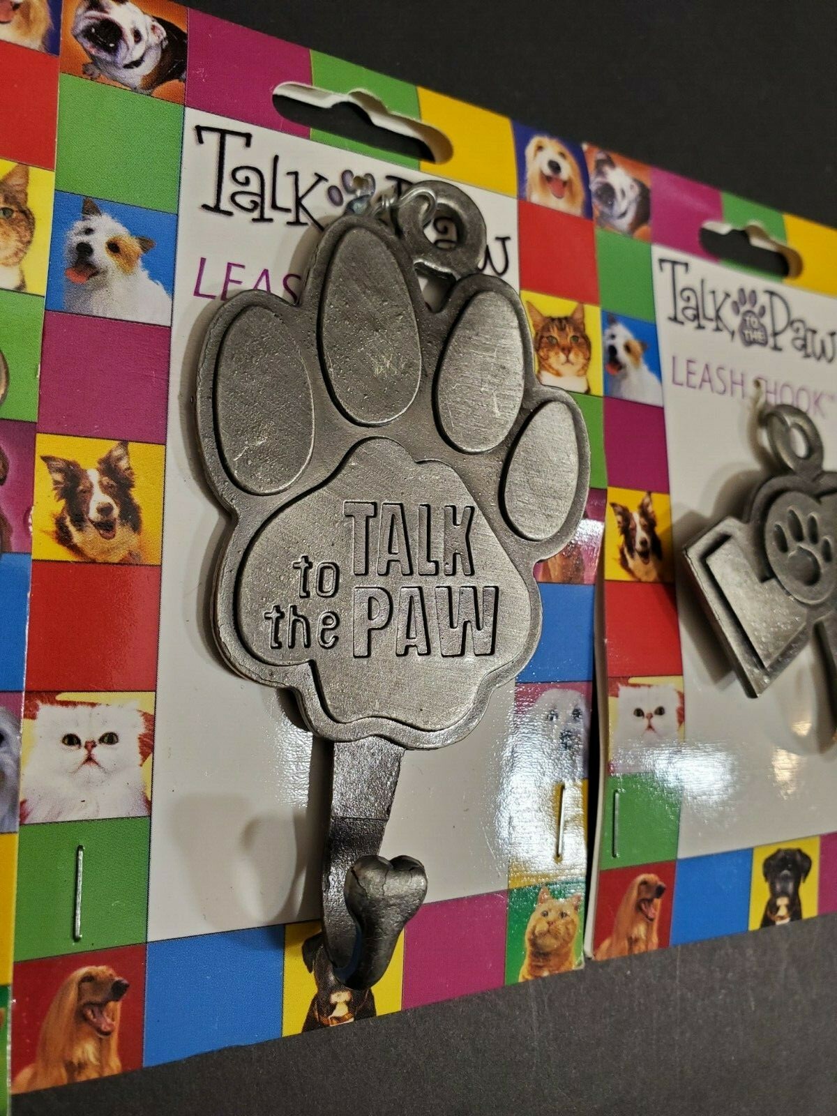 Lot of 4 – Talk to the Paw Dog Leash Hooks – Pewter – “Talk to the Paw” & “Love”