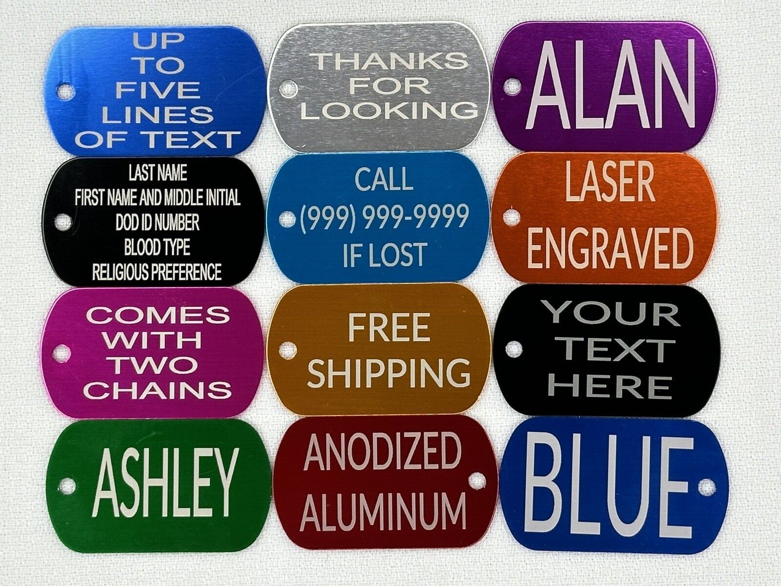 One Set of Personalized Military Style Laser Engraved Dog Tags With Chains