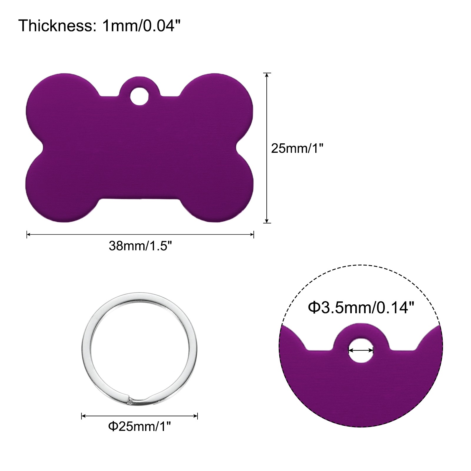 Bone Shaped Dog Tag Pet ID Tags, 1.5″x1″ Metal Purple Blank with Ring, 10pcs