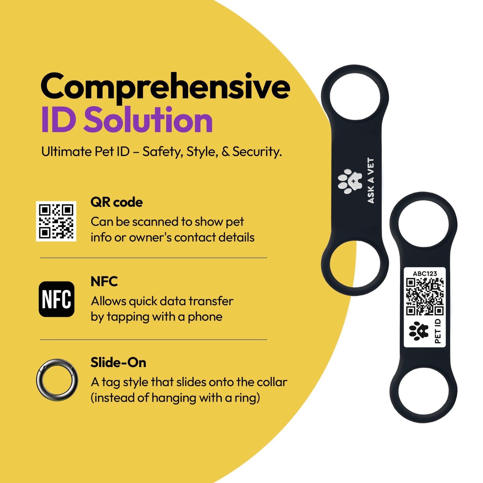 Ask A Vet Pet Slide on ID Tag QR NFC Waterproof Silicone Dog Cat