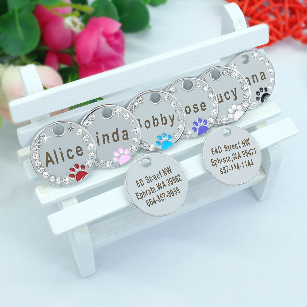 Personalized Dog Tags Paw Rhinestone Pet Cat ID Name Tag Engraved Free Hair Bows