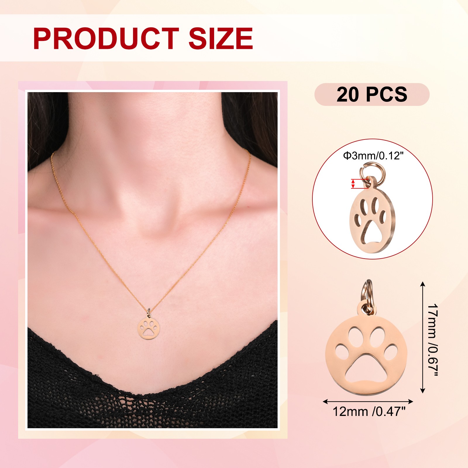 Dog Paw Print Charms 3mm, 20 Pcs Round Cat Dog Paw Pendant, Rose Gold