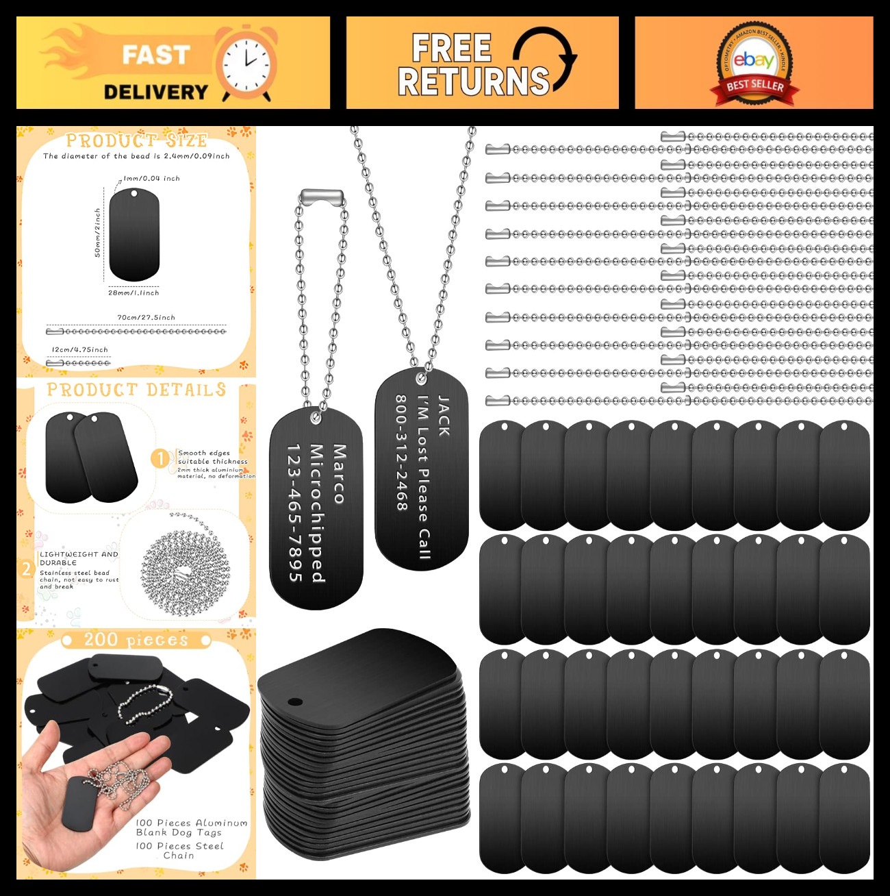 200 Pcs Military Dog Tags Set – 100 Blank Aluminum Tags & 100 Steel Chains for D
