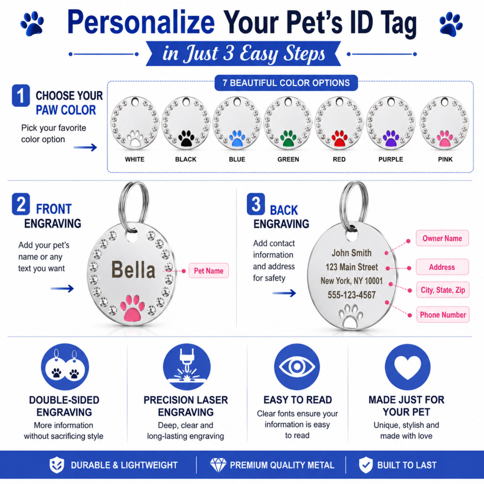 Personalized Dog ID Tag Custom Engraved Pet Name Tag Rhinestone Round Metal