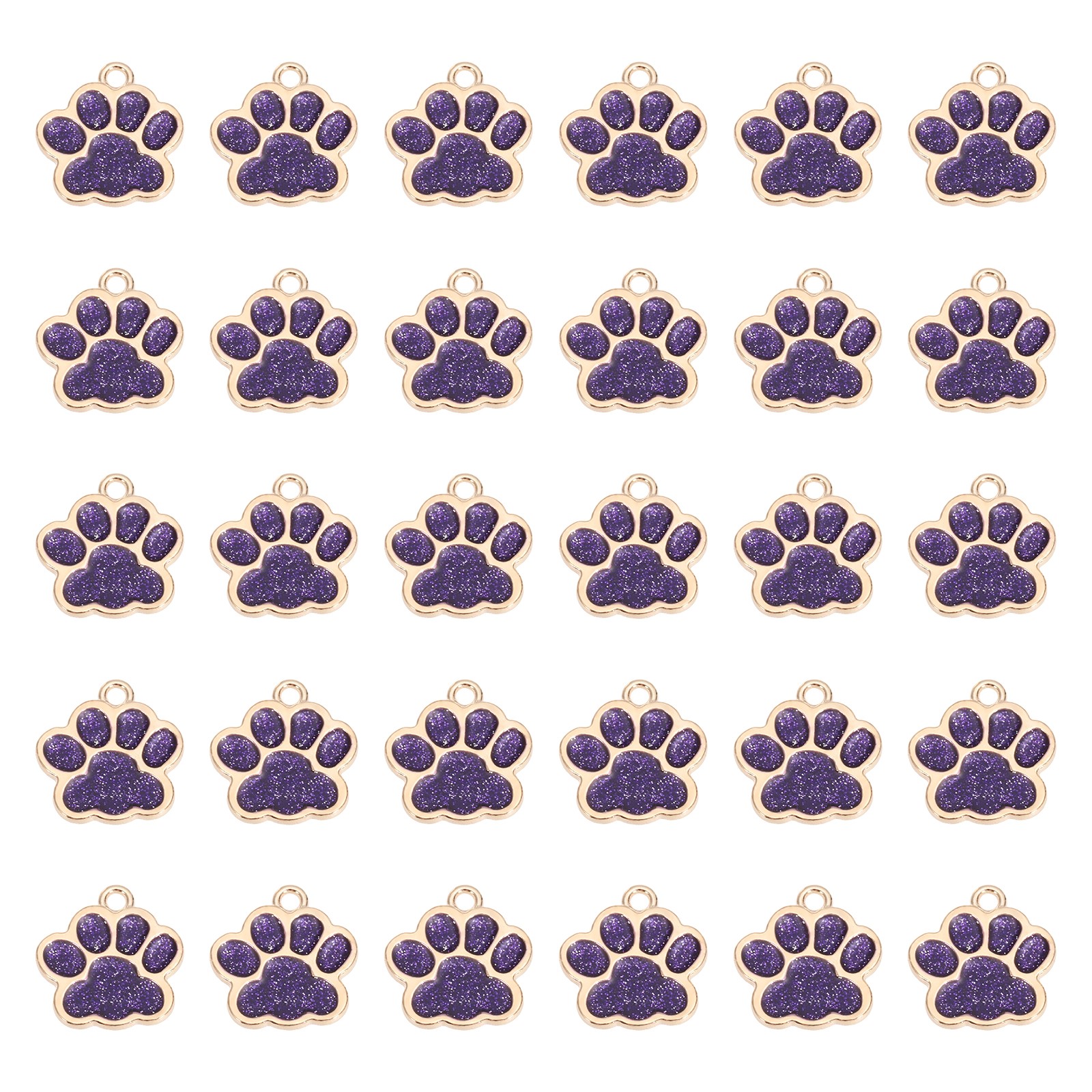 Enamel Paw Print Charms with Glitter Powder, 50Pcs(Gold Tone/Purple)