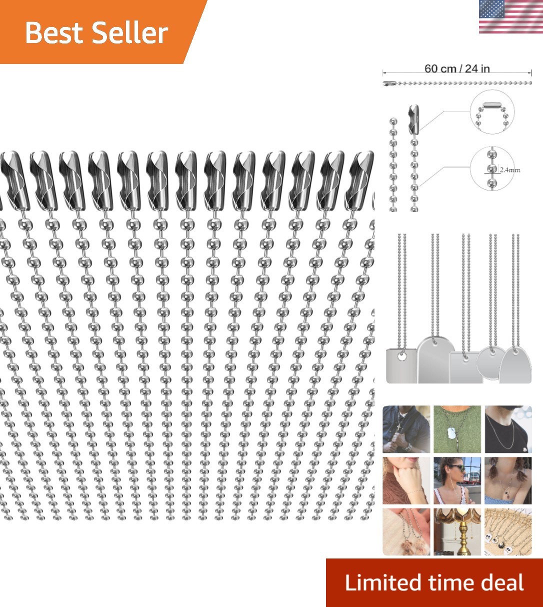 50-Pack 24-Inch Nickel-Plated Dog Tag Chain Necklaces for DIY Jewelry Making