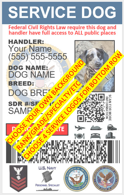 CUSTOMIZABLE CUSTOM SERVICE DOG ID CARD FOR NAVY VETERANS PHYSICAL&DIGITAL CARD