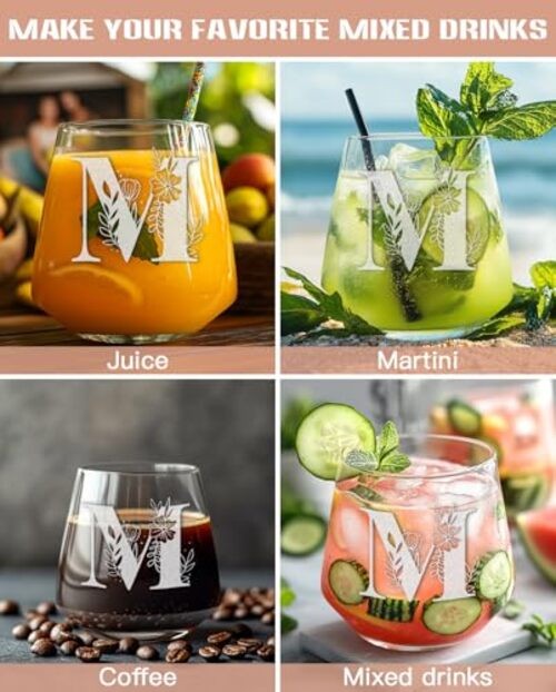 Personalized Wine Glass for Women, Stemlessonogram Wine Glass with A–Z M