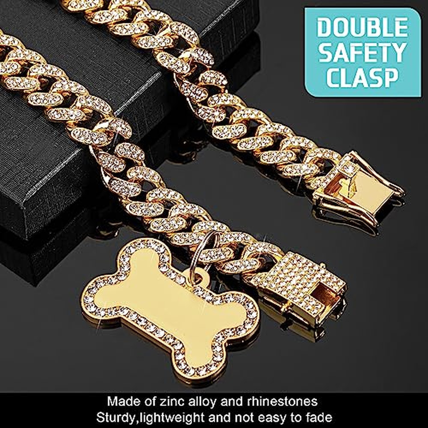 Hillban Golden Dog Chain Diamond Collar Necklace with Pet ID Jewelry Tags Rhi…
