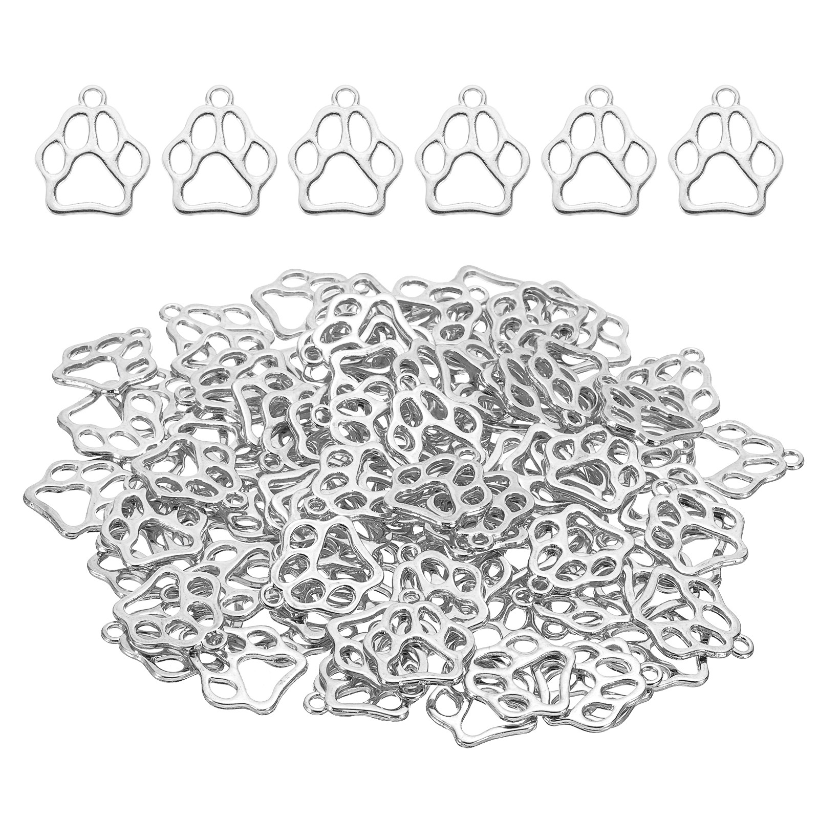 Hollow Paw Print Charm, 100Pcs Alloy Footprint Pendants, Bright Silver