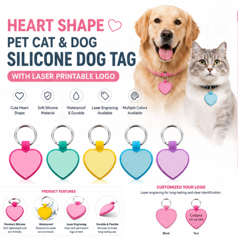 Personalized Heart Silicone Pet ID Tag Custom Engraved Dog Cat Name Tag