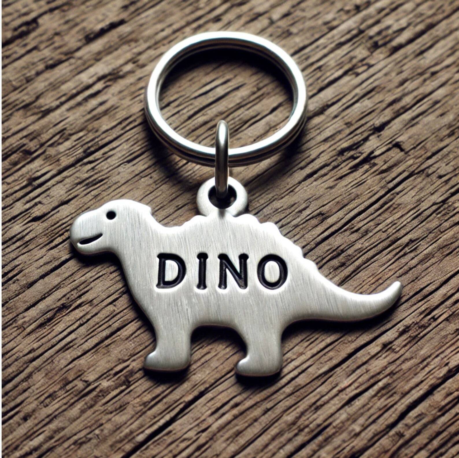 Personalized Pet ID Tag – Dinosaur Shape Dog Tag, Custom Name Hand Stamped