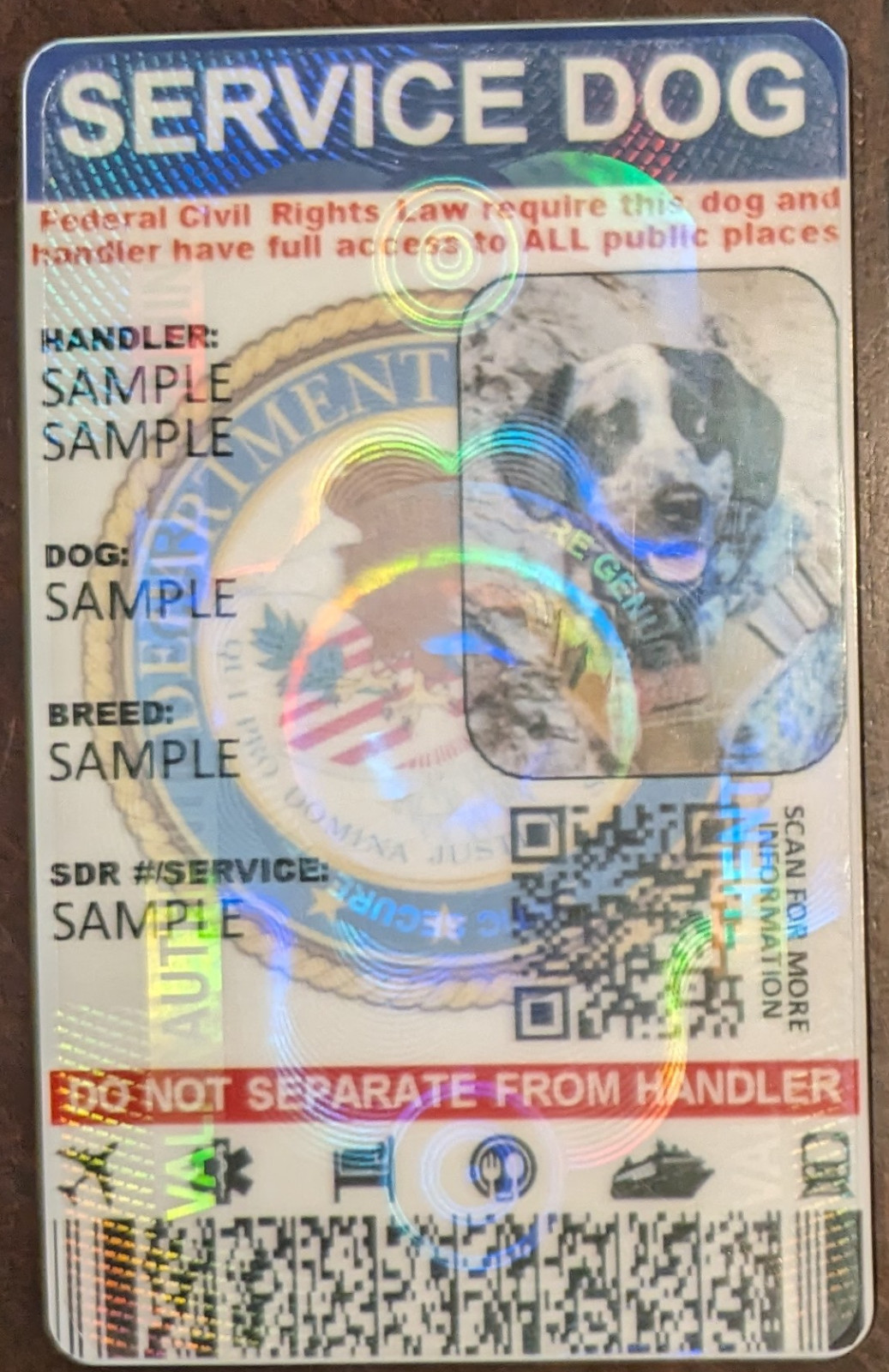 SERVICE DOG ID CARD HOLOGRAPHIC – TWO SIDED CUSTOMIZABLE PHYSICAL & DIGITAL