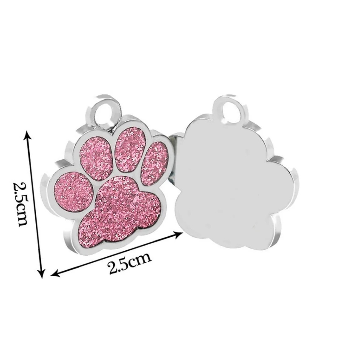 Custom Engraved Pet ID Tag Dog Cat Name Tag Glitter Paw Charm Waterproof