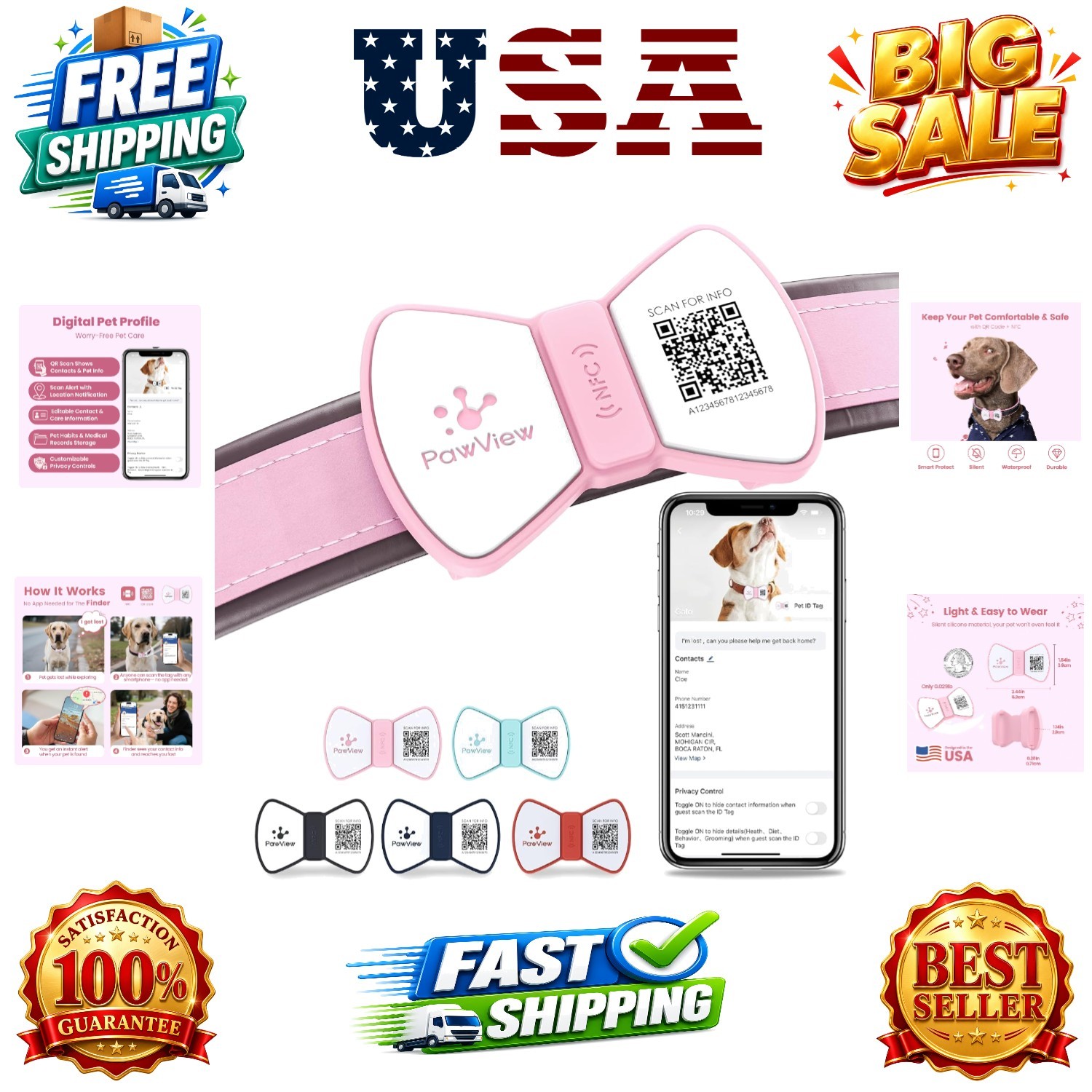 Smart Pet ID Tag, QR Code Dog Tag, No Subscription Fee, Waterproof Silent Sil…