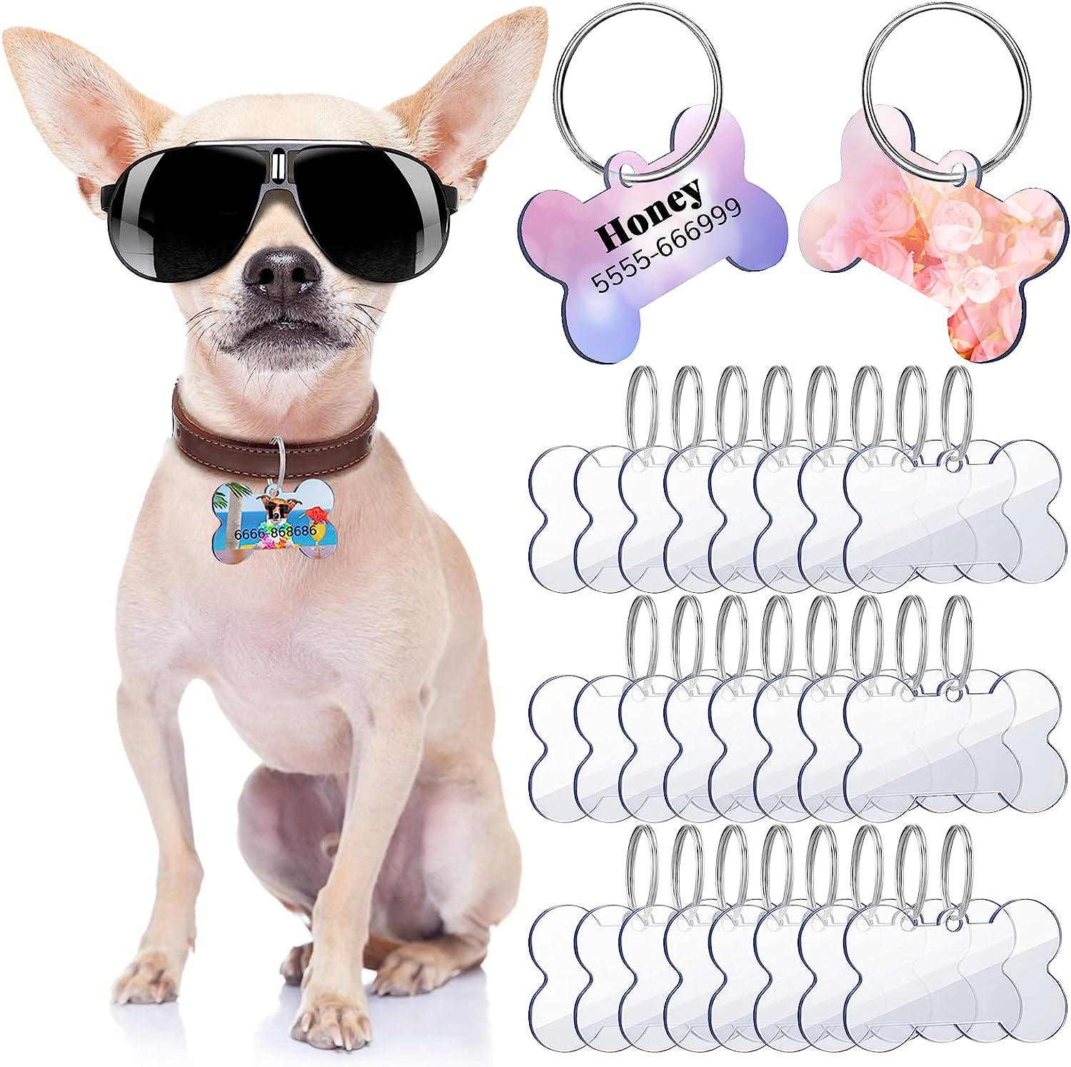 24 Pcs Blank Acrylic Dog Tag 1.49 X 1 Inch Double Dise Bone Shap ID Tags with Ke