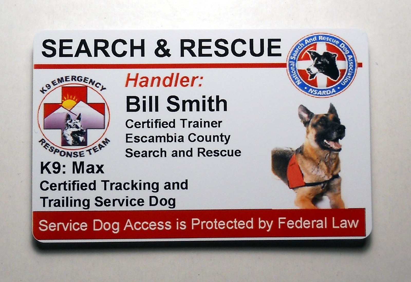 SEARCH AND RESCUE SERVICE DOG ID BADGE CUSTOM CARD WORKING DOG 25