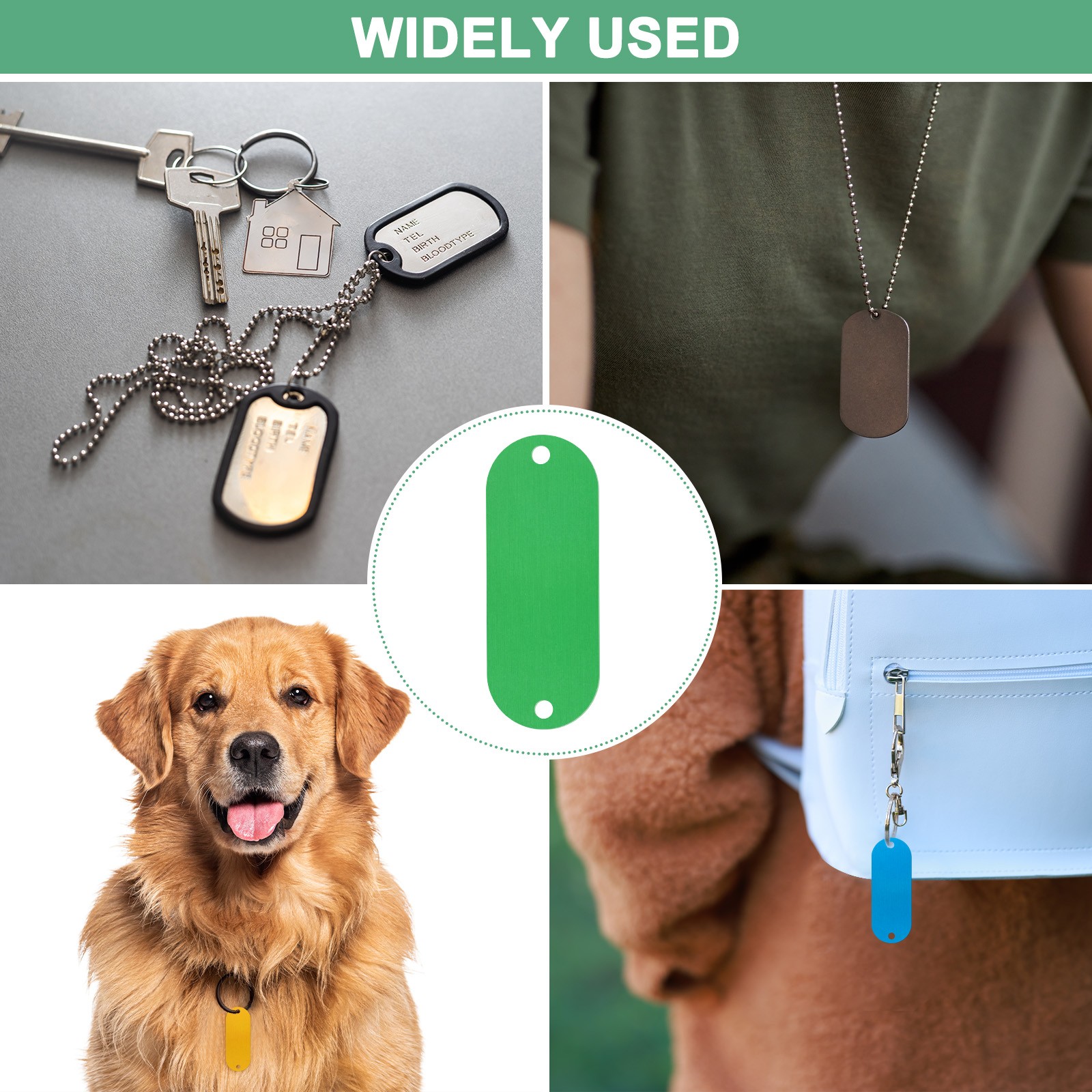 15-Pack 2″ x 0.75″ x 0.04″( L x W x T ) Blank Dog Tags [Green, 2 Holes]