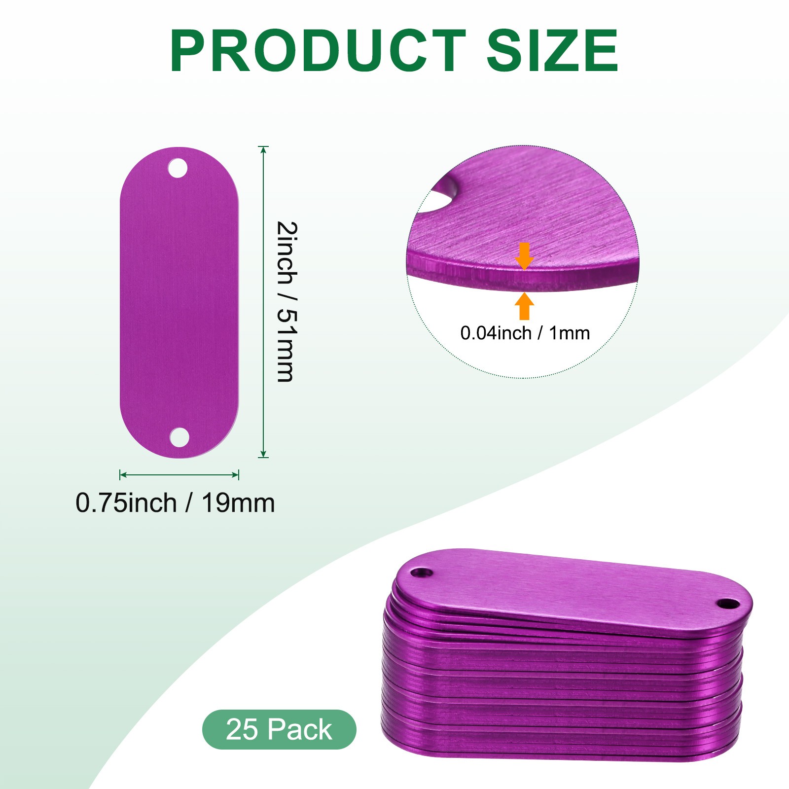 25-Pack 2″ x 0.75″ x 0.04″( L x W x T ) Blank Dog Tags [Purple, 2 Holes]