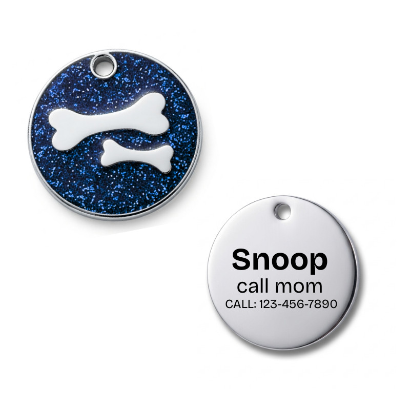 Personalized Pet ID Tag, Dog Tag, Cat Tag, Glitter double Bone Round Pet ID Tag