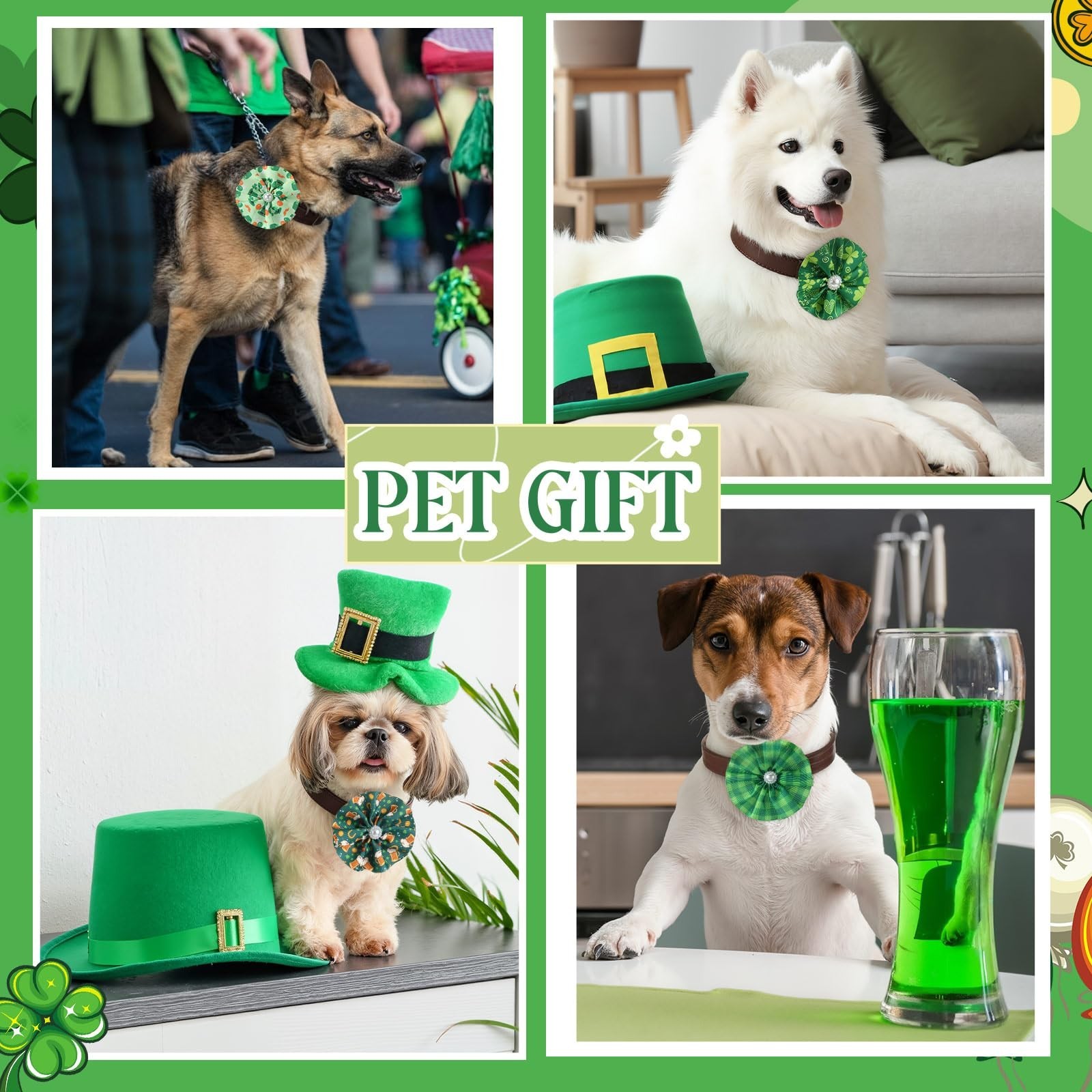 Sweetude 100 Pcs St. Patrick’s Day Dog Collar Flowers Charms Bulk Shamrock Pe…