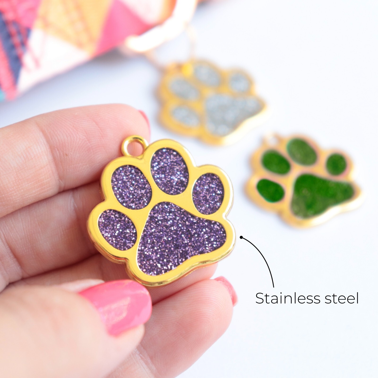 Custom Sparkly Gold Paw ID Tag Personalized Dog Engraved Puppy Cute Name Shiny