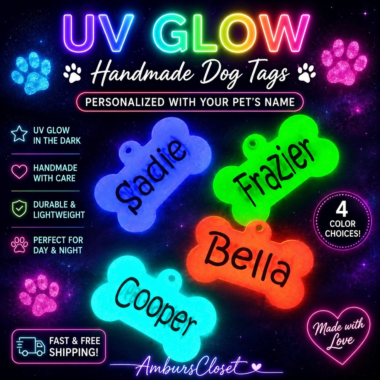 Personalized Resin Bone Dog Tag ID Customized w/ Name, Phone UV GLOW IN THE DARK