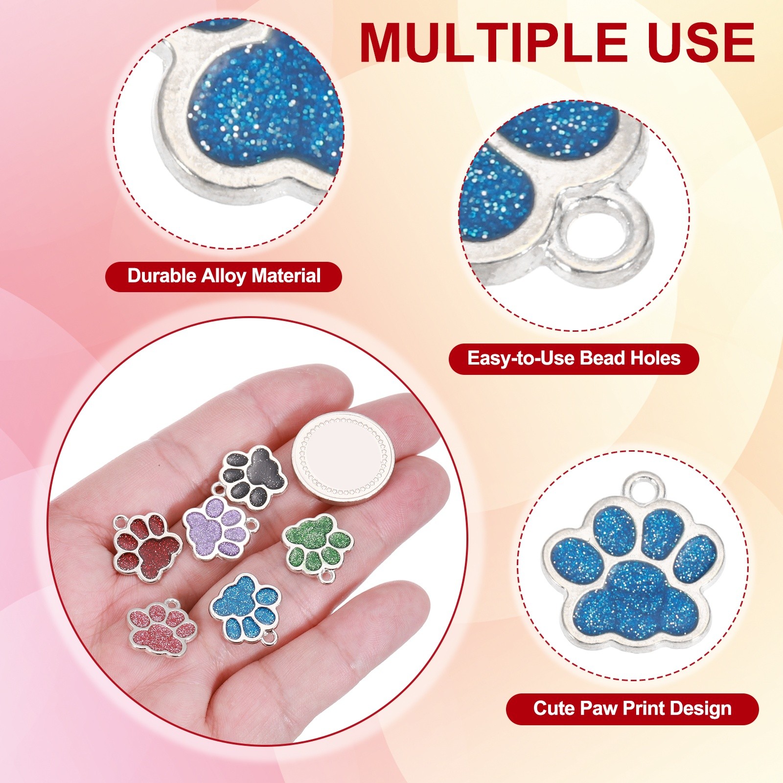 Enamel Paw Print Charms with Glitter Powder, 50Pcs(Silver Tone/Blue)