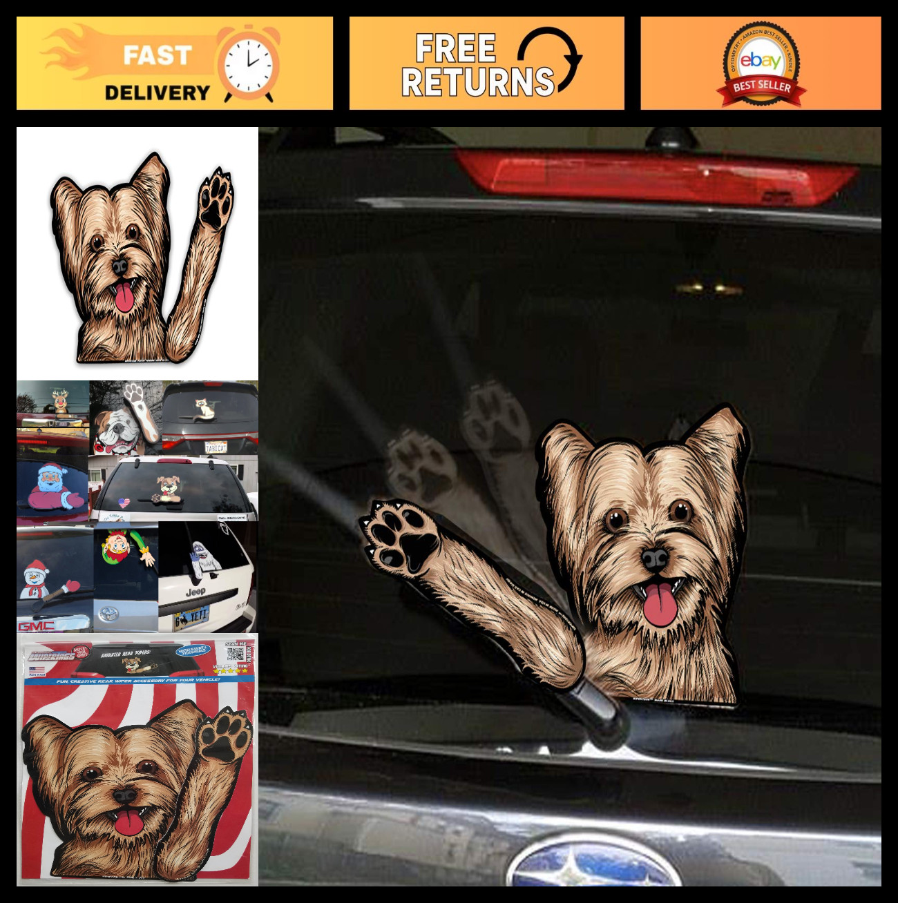 Yorkie Dog Waving Wiper Tags with Decal for Rear Vehicle Wipers – Cute Pet Acces