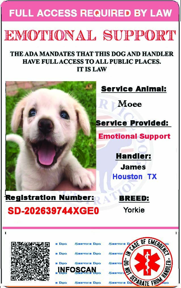 Pink EmotionalSupport Dog Card ID Assistance Animal Badge ADA ESA With QR Code