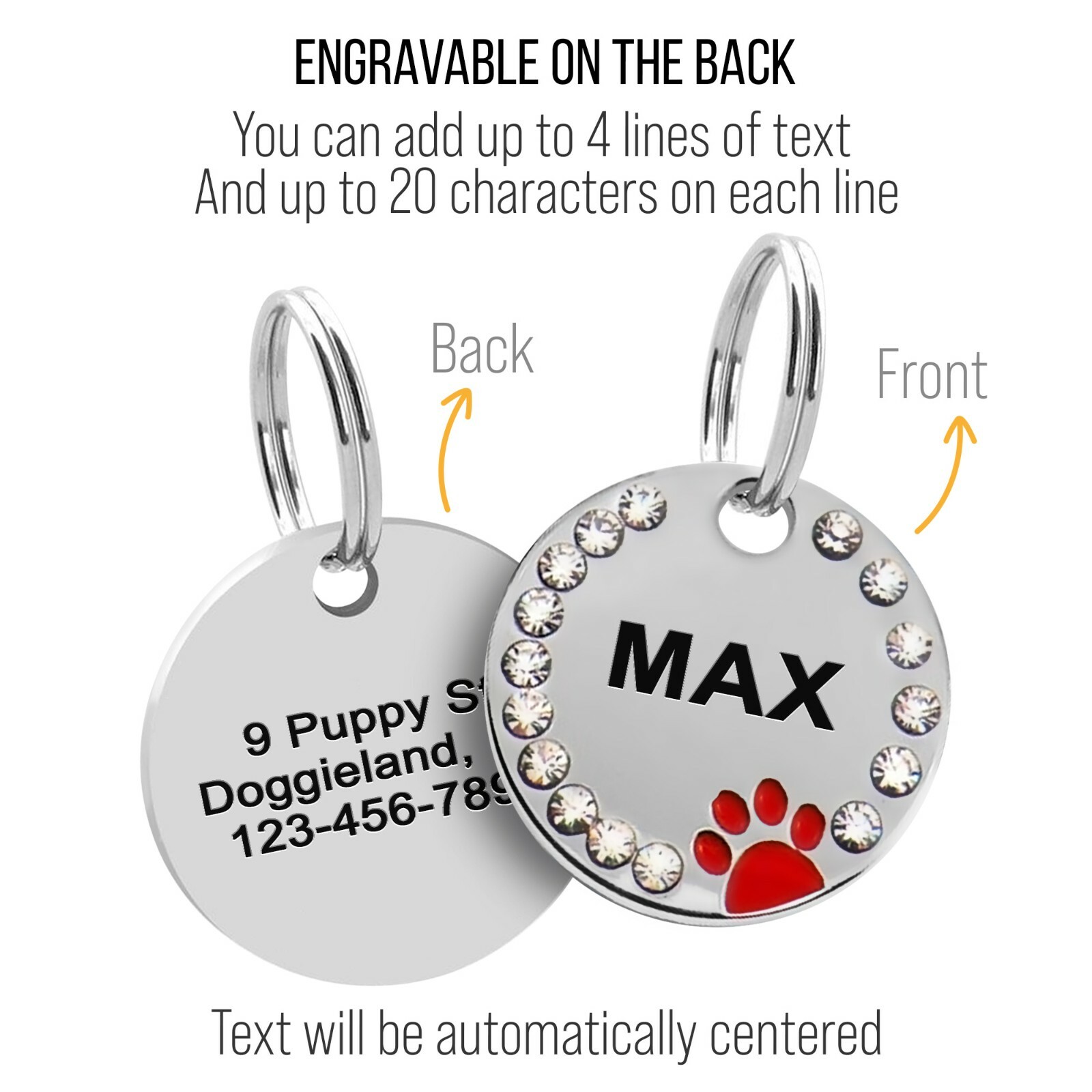 Custom crystals Pet ID Tag Personalized Rhinestones Cat Dog Tag Sparkling Paw