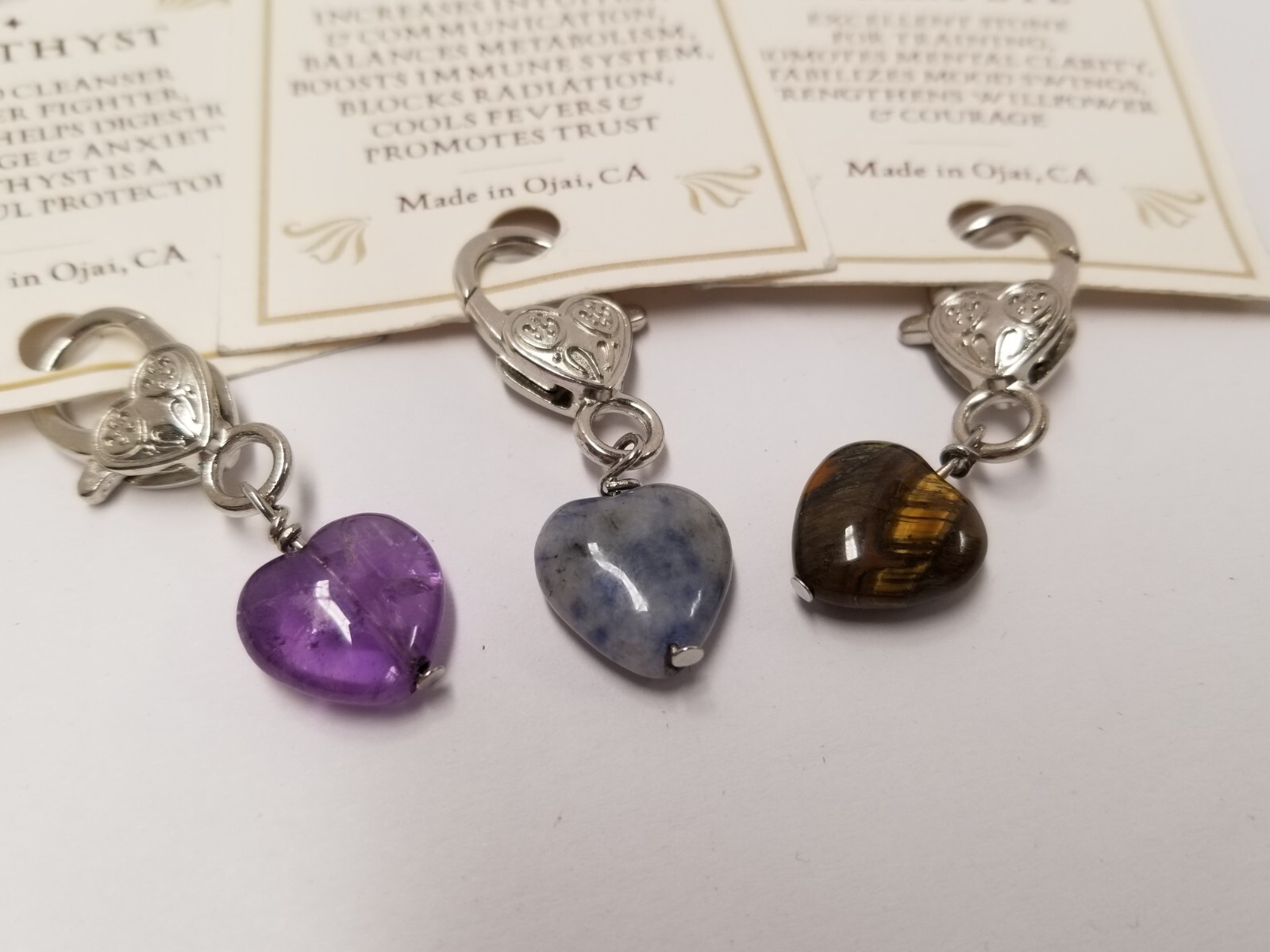 Amethyst, Sodalite, & Tiger’s Eye Crystal Heart Pet Collar Charms (3 Pack)