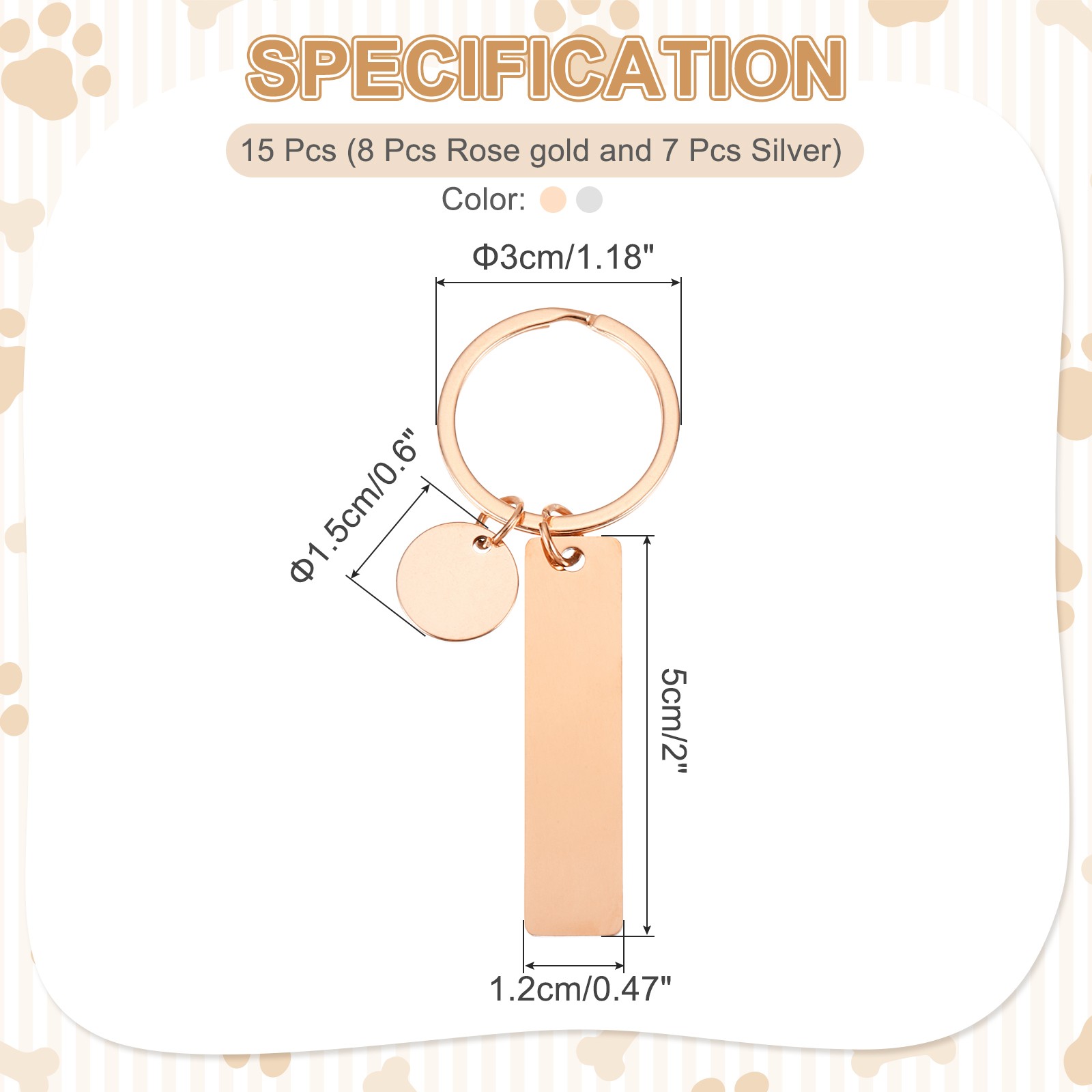 15Pcs Metal Engraving Keychain Blanks, Rose Gold/Silver Tone(Rectangular)