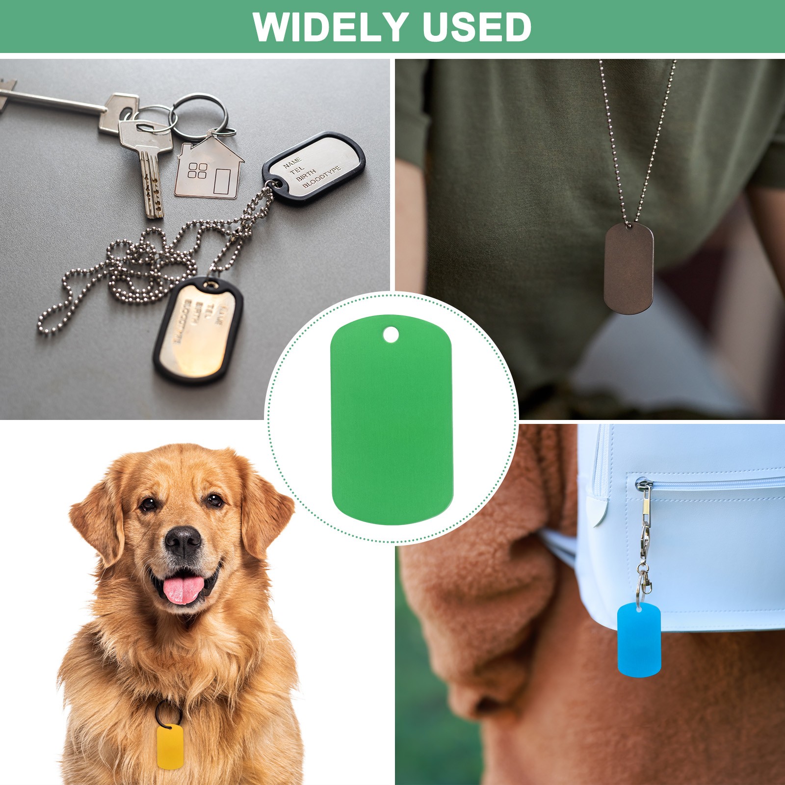 10-Pack 2″ x 1.18″ x 0.04″( L x W x T ) Blank Dog Tags [Green, 1 Hole]