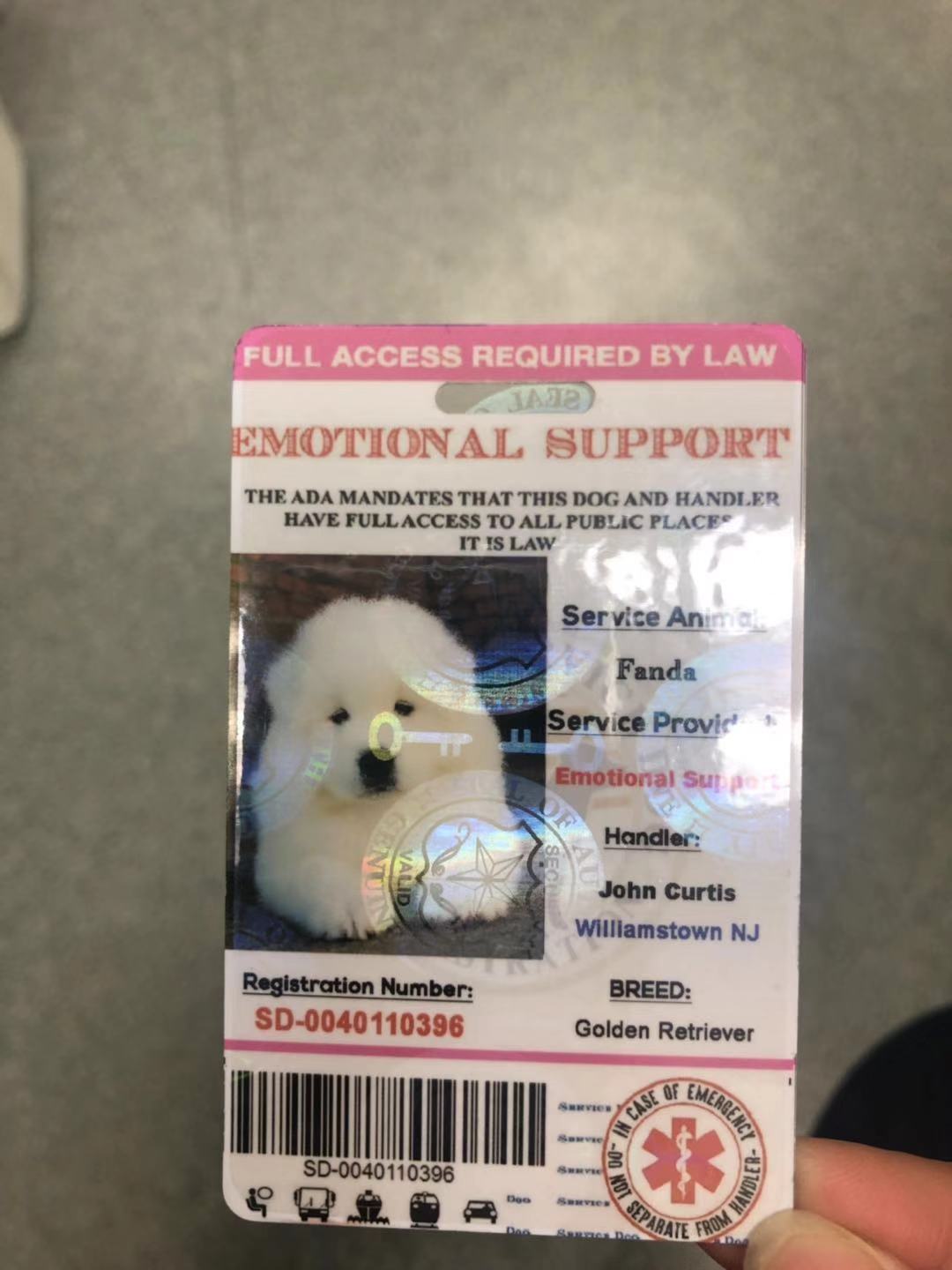 Pink Emotional Support/Service Dog Card ID Holographic Charity ADA ESA Barcode