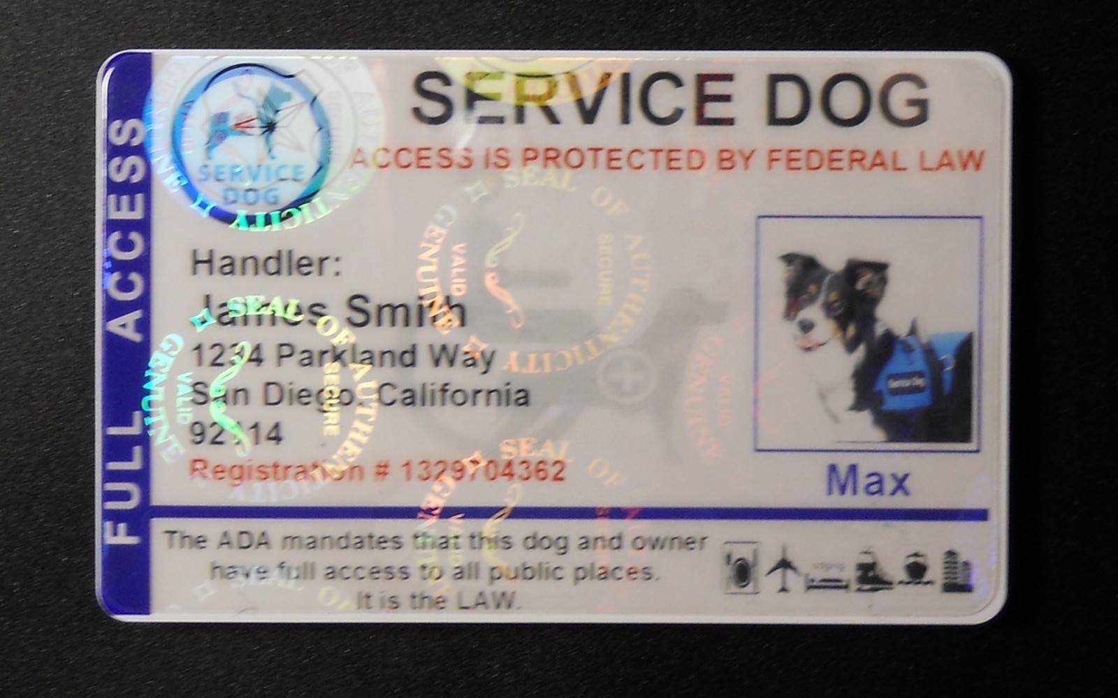 HOLOGRAPHIC SERVICE DOG ID CARD FOR SERVICE ANIMAL ADA RATED 8 BH