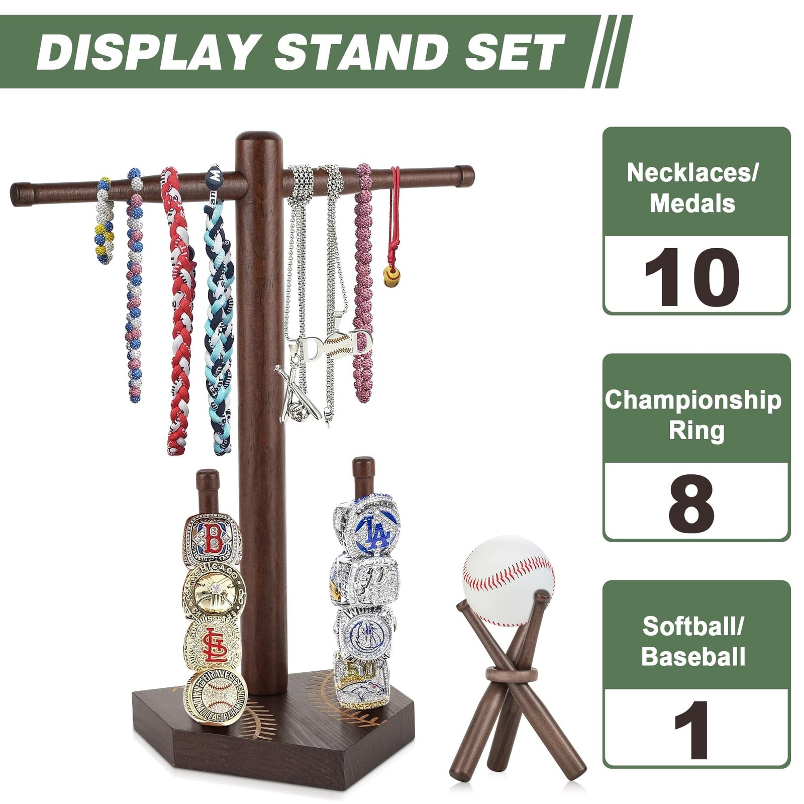 Baseball Ring & Drip Necklace Holder, Wooden Baseball or Softball Ring Displa…