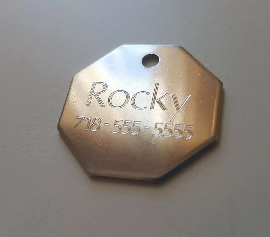 PET TAG STAINLESS STEEL OCTAGON 1 INCH CUSTOM ID TAG 2 SIDE DIAMOND ENGRAVED DOG