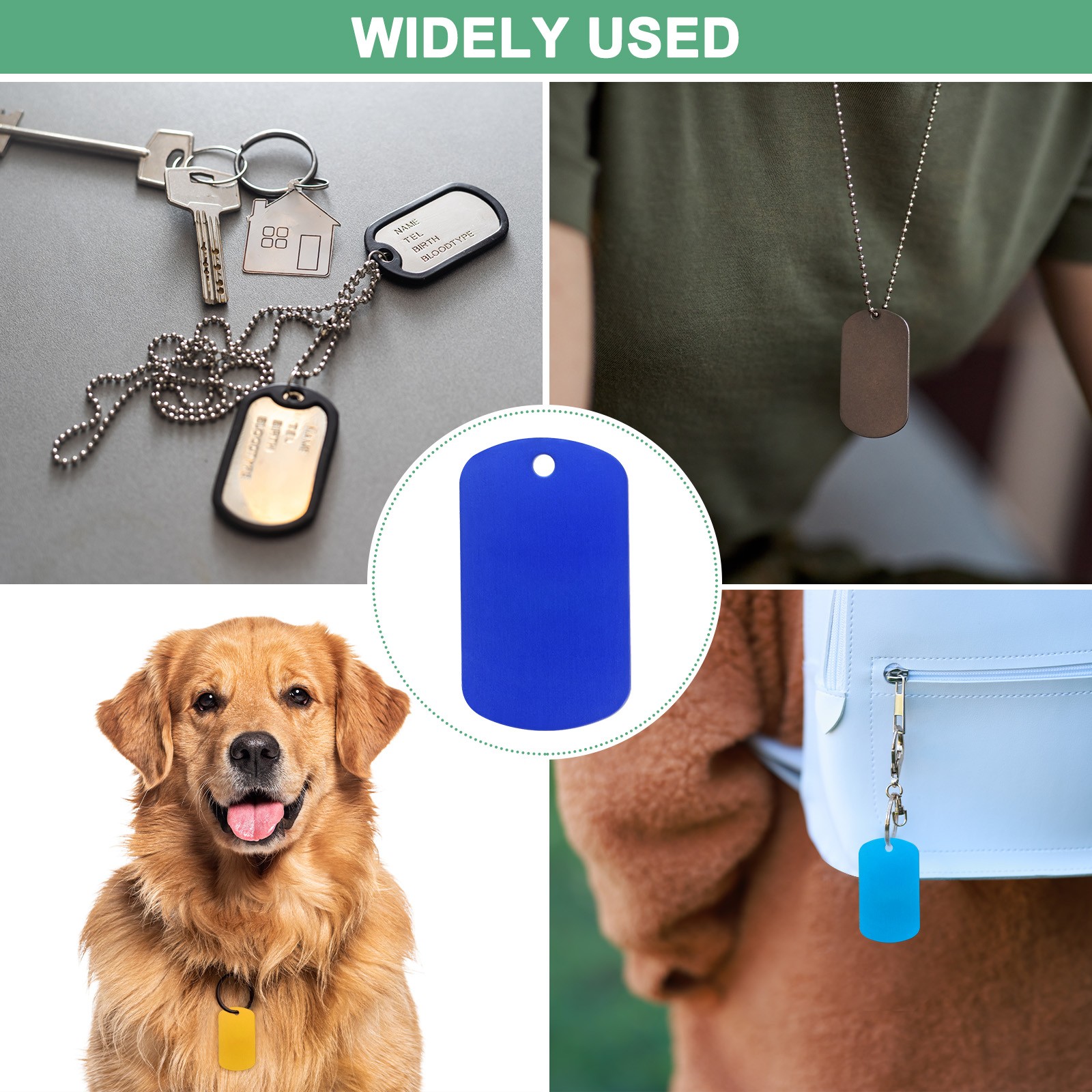 10-Pack 2″ x 1.18″ x 0.04″( L x W x T ) Blank Dog Tags [Blue, 1 Hole]