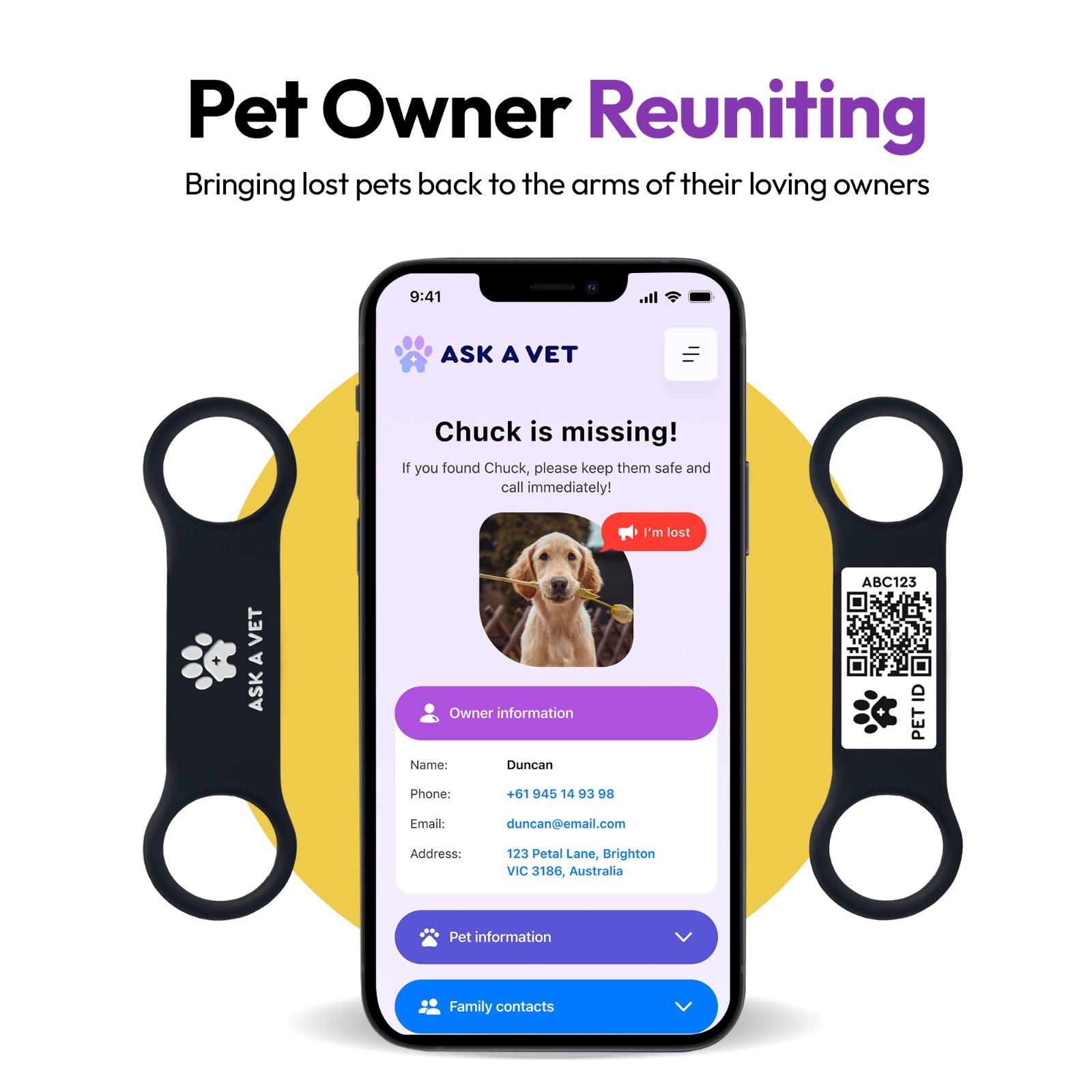 Ask A Vet Pet Slide on ID Tag QR NFC Waterproof Silicone Dog Cat