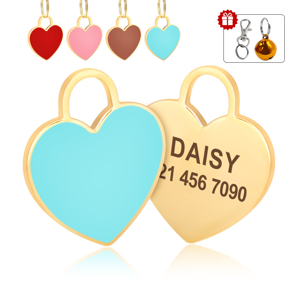 Heart Personalized Dog Tags Engraved Cat Puppy Pet ID Name Collar Tag Bell Gift