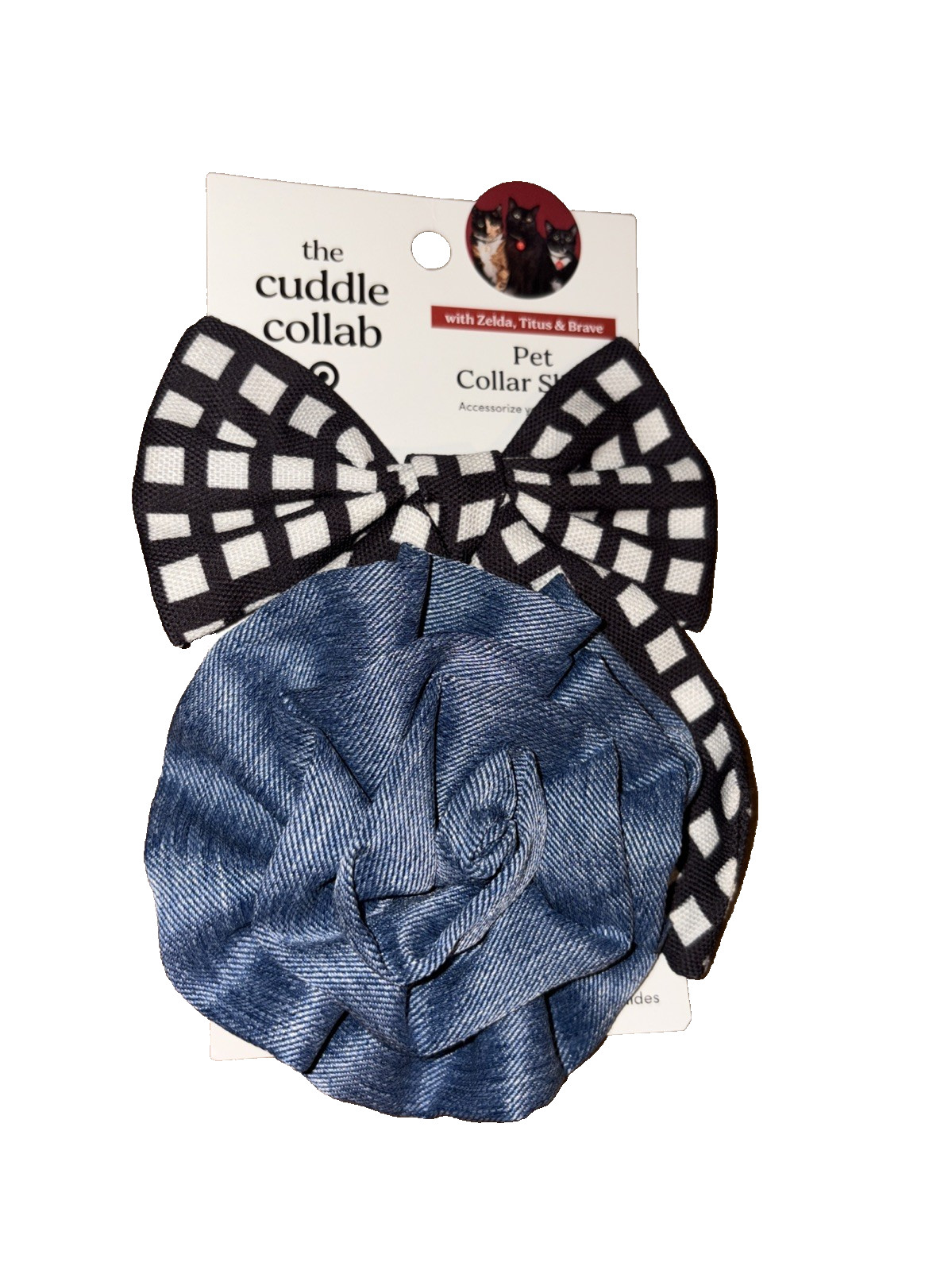 The Cuddle Collab Pet Collar Slides Denim & Black White Plaid Dog Bows New