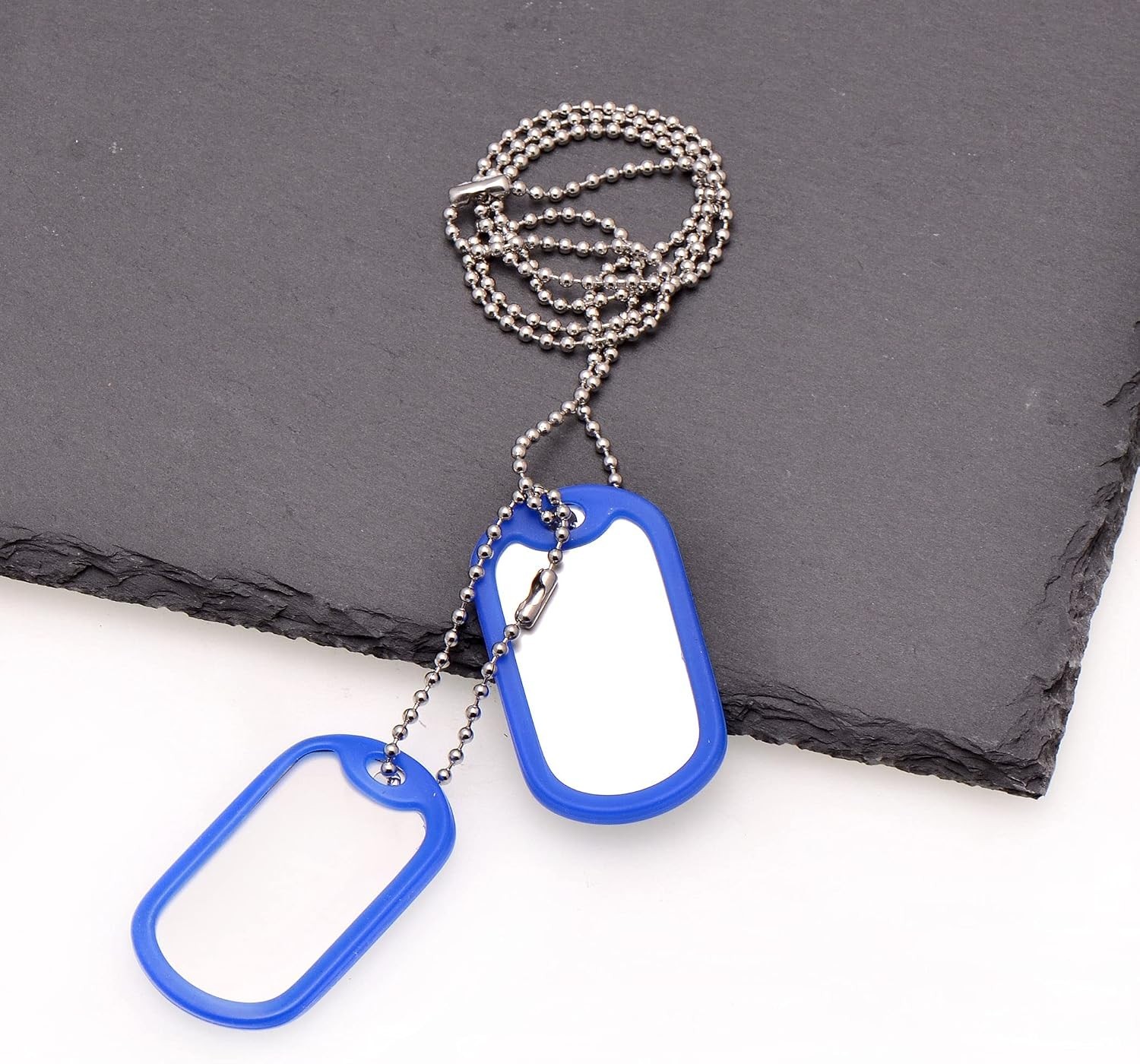 Military Dog Tags Necklace Set with Bead Chains and Blue Silicone Silencers